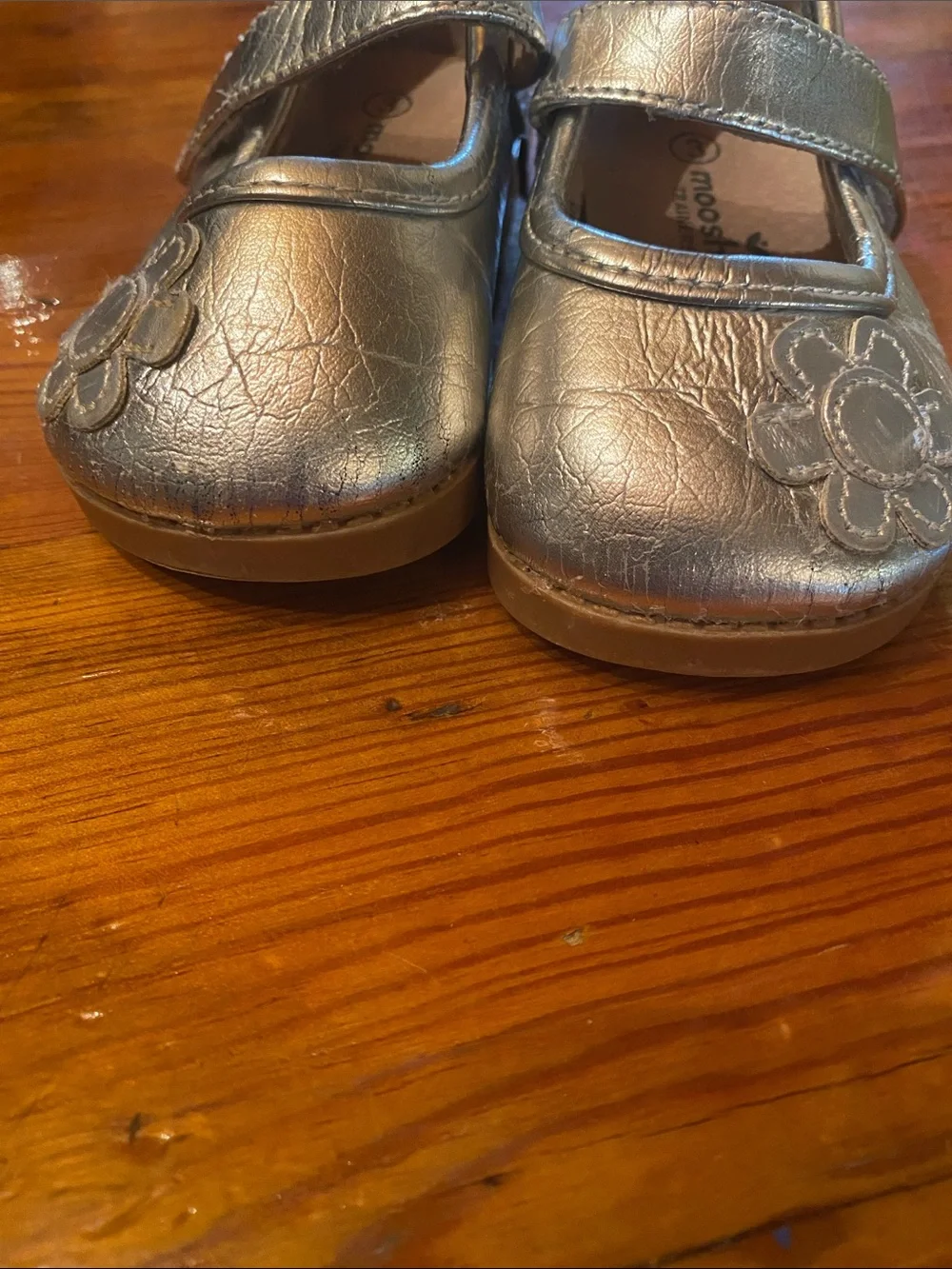 Toddler Metallic Silver Mary Jane Flats with Floral Detail